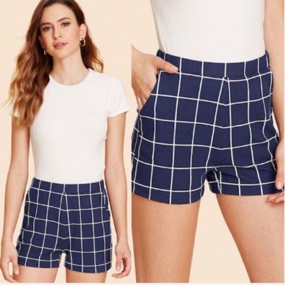 Pants - Preppy Plaid Navy Blue & White Shorts S A18